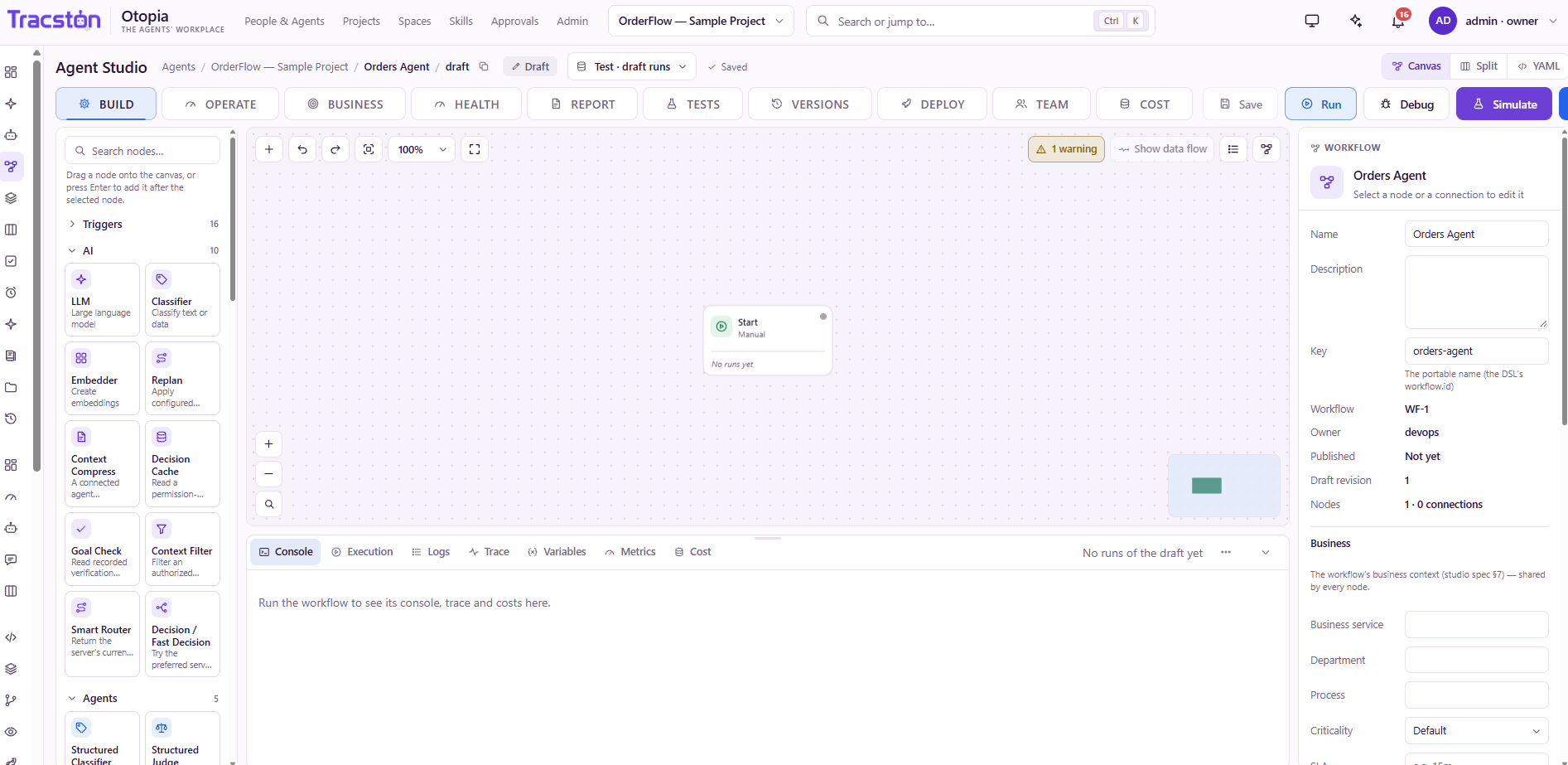 Otopia Agent Studio showing an Orders Agent draft, a workflow node library, a canvas with a Start node, and a configuration panel.