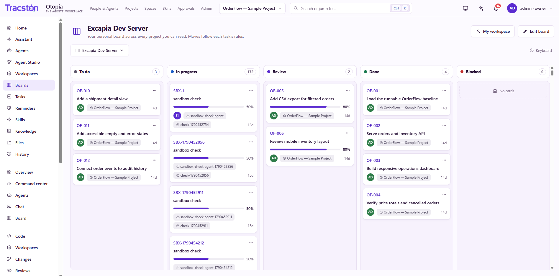 Otopia Boards showing sample tasks grouped into To do, In progress, Review, Done, and Blocked columns, with owners and progress.
